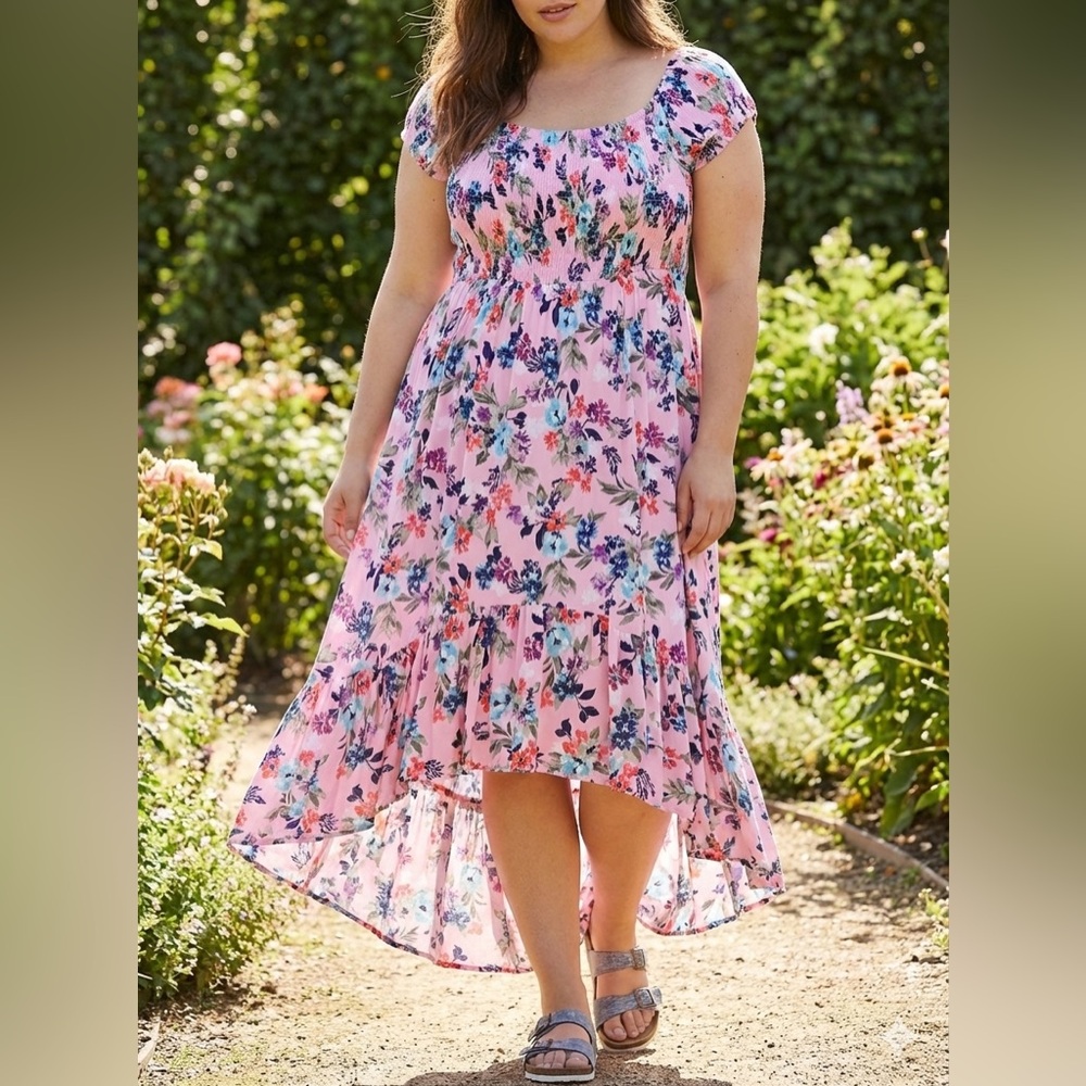Torrid Pink Floral Off-Shoulder Ruffled Hi-Low Maxi Plus Sz 0X Boho Cottagecore